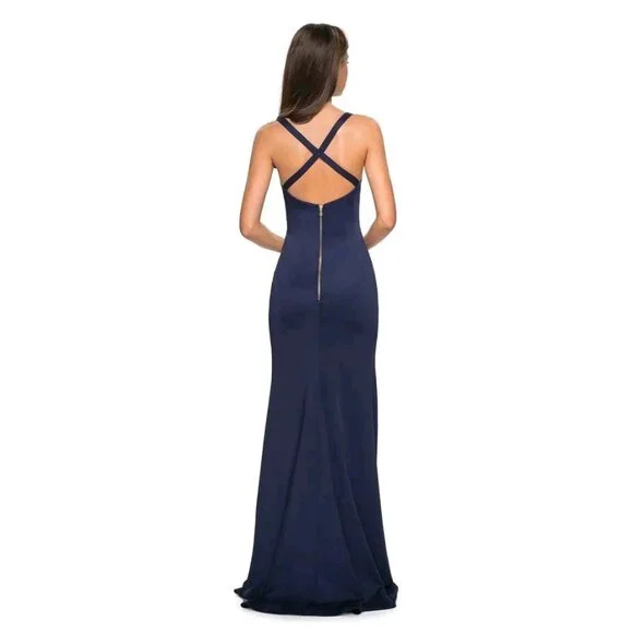 LA FEMME 27470 Womens 14 Navy Blue Ruched Crisscross Back High Slit Gown NWOT - Picture 2 of 5